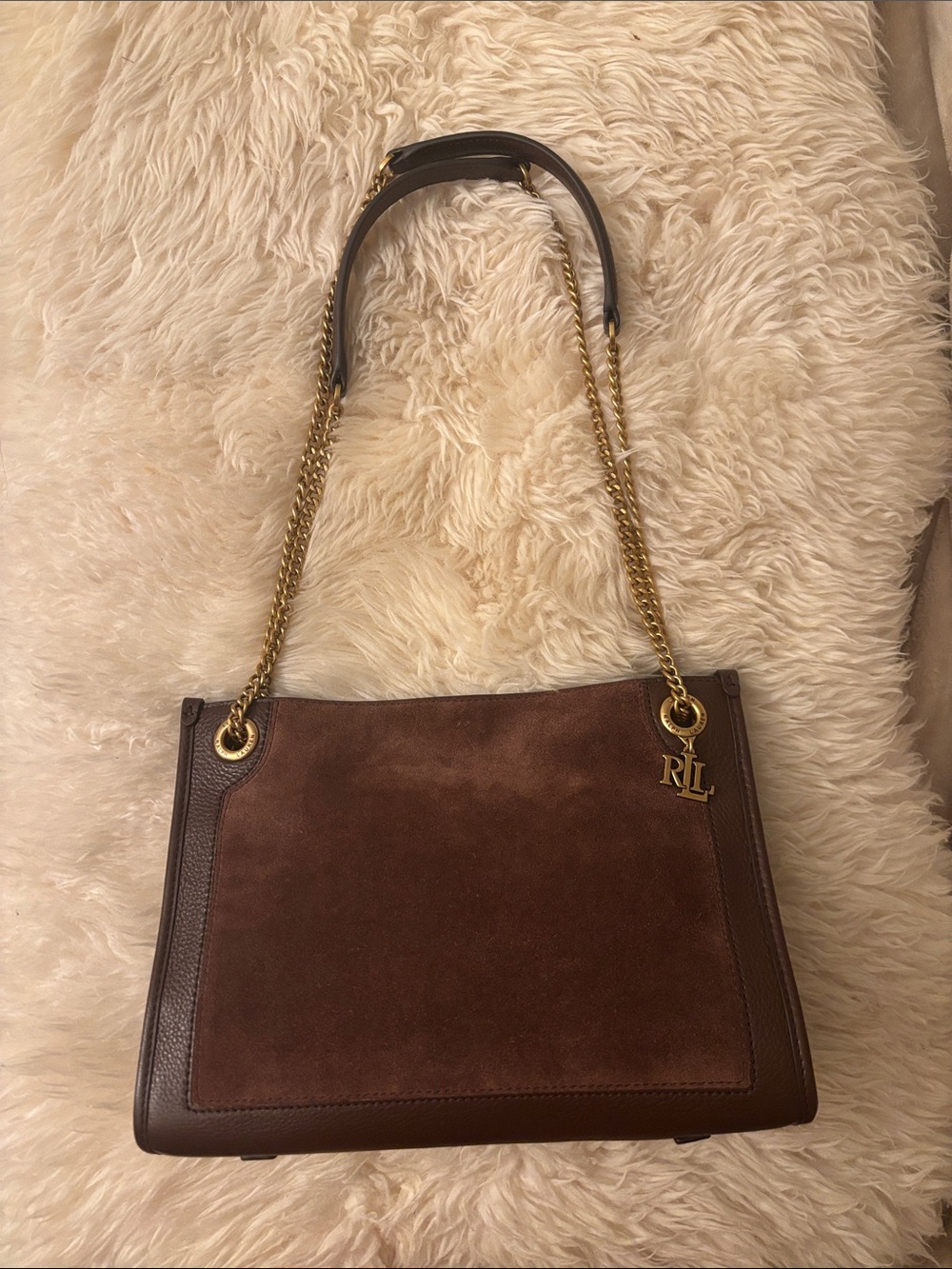 Ralph Lauren Brown Suede & Dark Brown Leather Shoulder Bag with Gold Chain